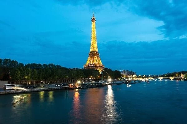 Beautiful Paris view of Illuminations Eiffel tower at dusk, Paris, France