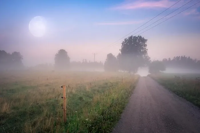 Framed Print : Beautiful summer night landscape with moon and idyllic road at countryside, Finland Framed Print : Beautiful summer night landscape with moon and idyllic road at countryside, Finland