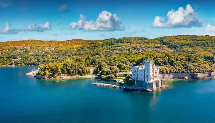 Framed Print : Beautiful summer view from flying drone of Miramare Castle Framed Print : Beautiful summer view from flying drone of Miramare Castle
