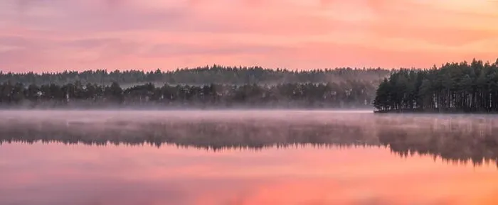 Framed Print : Beautiful sunrise landscape with misty mood and calm lake at foggy summer morning in Finland Framed Print : Beautiful sunrise landscape with misty mood and calm lake at foggy summer morning in Finland