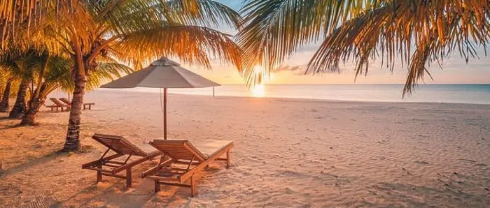 Framed Print : Beautiful tropical beach banner. White sand and coco palms, chairs, umbrella, travel tourism wide panorama background concept. Amazing beach landscape Framed Print : Beautiful tropical beach banner. White sand and coco palms, chairs, umbrella, travel tourism wide panorama background concept. Amazing beach landscape