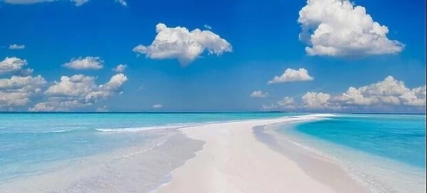 Beautiful tropical island beach on background blue sky with white clouds and turquoise ocean sunny day. Perfect tranquil natural sandbank landscape