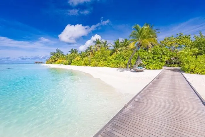 Framed Print : Beautiful tropical landscape background, luxury summer travel and vacation. Wooden pier into island against blue sky with white clouds, panoramic view Framed Print : Beautiful tropical landscape background, luxury summer travel and vacation. Wooden pier into island against blue sky with white clouds, panoramic view