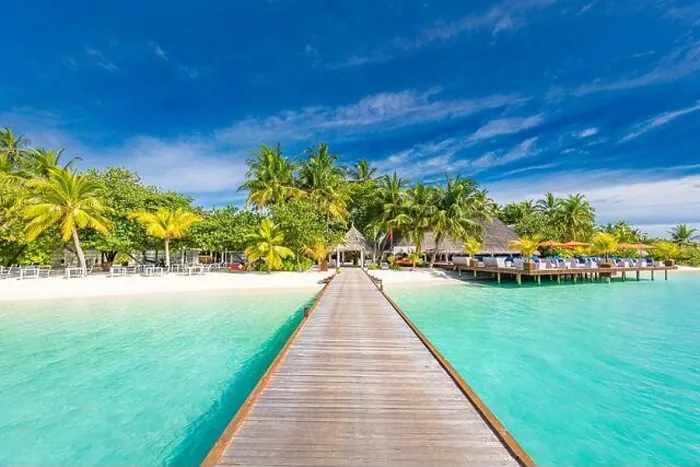 Framed Print : Beautiful tropical landscape background, luxury summer travel and vacation. Wooden pier into island against blue sky with white clouds, panoramic view Framed Print : Beautiful tropical landscape background, luxury summer travel and vacation. Wooden pier into island against blue sky with white clouds, panoramic view
