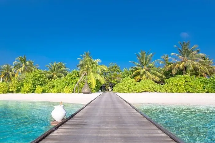 Framed Print : Beautiful tropical Maldives island with beach jetty sea and coconut palm tree on blue sky. Luxury summer nature holiday vacation background concept Framed Print : Beautiful tropical Maldives island with beach jetty sea and coconut palm tree on blue sky. Luxury summer nature holiday vacation background concept