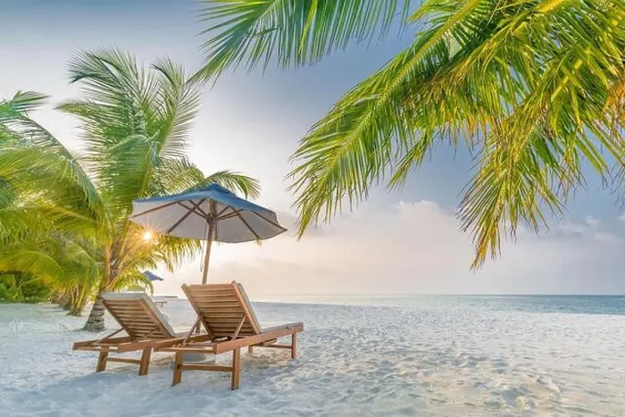 Framed Print : Beautiful tropical sunset scenery, two sun beds, loungers, umbrella under palm tree. Summer travel vacation beach landscape, exoitc couple destiation Framed Print : Beautiful tropical sunset scenery, two sun beds, loungers, umbrella under palm tree. Summer travel vacation beach landscape, exoitc couple destiation