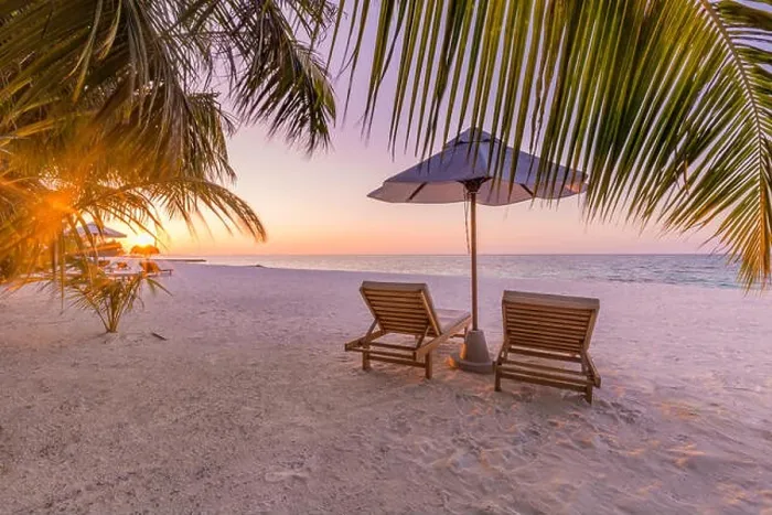 Framed Print : Beautiful tropical sunset scenery, two sun beds, loungers, umbrella under palm tree. Luxury resort, beach landscape with white sand and palm trees Framed Print : Beautiful tropical sunset scenery, two sun beds, loungers, umbrella under palm tree. Luxury resort, beach landscape with white sand and palm trees