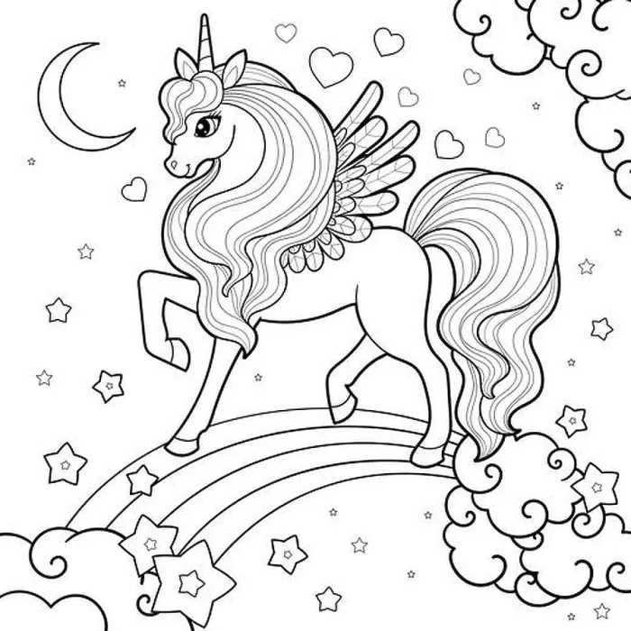 Framed Print : Beautiful unicorn on the rainbow. Black and white drawing for coloring. Vector Framed Print : Beautiful unicorn on the rainbow. Black and white drawing for coloring. Vector
