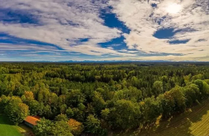 Framed Print : A beautiful view over a green forest at the early autumn with an idyllic house in the foreground, shot by a drone Framed Print : A beautiful view over a green forest at the early autumn with an idyllic house in the foreground, shot by a drone