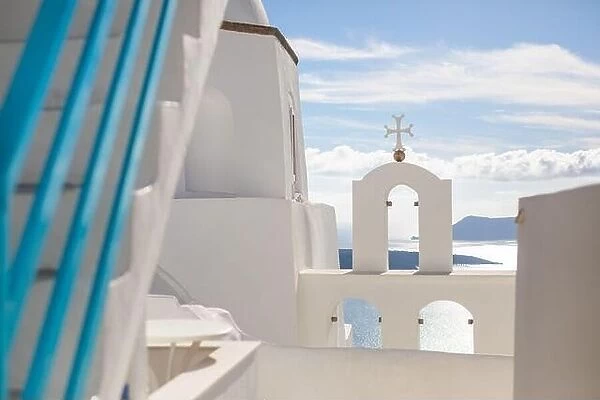 Beautiful view of typical Santorini church in Greece in the Cyclades