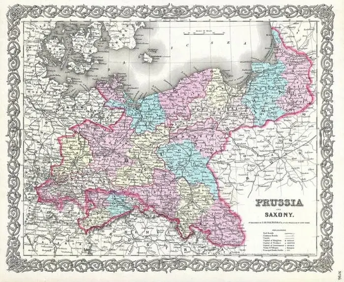 Framed Print : Beautiful vintage hand drawn Colton's map of Prussia from 1860 with beautiful colorful maps and illustrations of countries, regions and oceans Framed Print : Beautiful vintage hand drawn Colton's map of Prussia from 1860 with beautiful colorful maps and illustrations of countries, regions and oceans