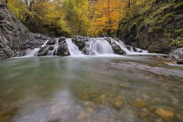 Beautiful waterfall in forest, autumn landscape with lots of red and yellow fallen leaves, long exposure