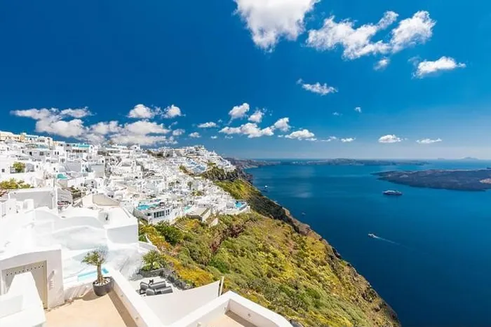Framed Print : Beautiful white caldera view of Santorini in Greece. Luxury hotel resort pool over white architecture and sea view, blue sky. Summer travel vacation Framed Print : Beautiful white caldera view of Santorini in Greece. Luxury hotel resort pool over white architecture and sea view, blue sky. Summer travel vacation