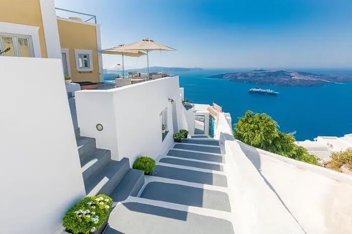Framed Print : Beautiful white caldera view of Santorini in Greece. Summer vacation for travel destination background concept. Wonderful scenery background, perfect Framed Print : Beautiful white caldera view of Santorini in Greece. Summer vacation for travel destination background concept. Wonderful scenery background, perfect