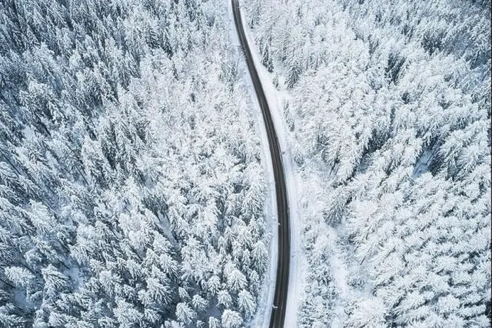 Framed Print : Beautiful winter forest and road. Aerial view Framed Print : Beautiful winter forest and road. Aerial view