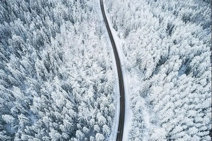 Framed Print : Beautiful winter forest and road. Aerial view Framed Print : Beautiful winter forest and road. Aerial view
