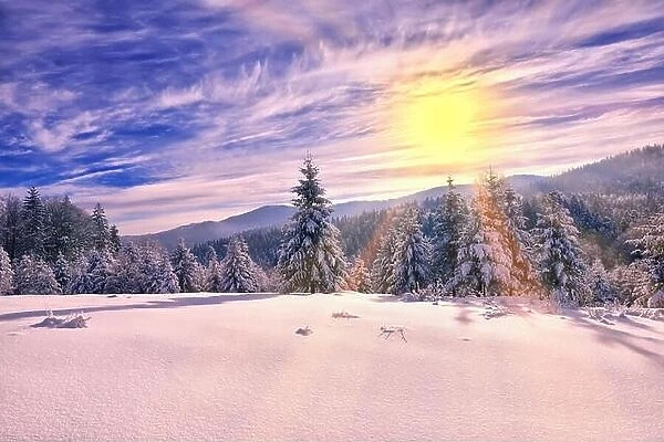 Beautiful winter landscape in the mountains. Sunset
