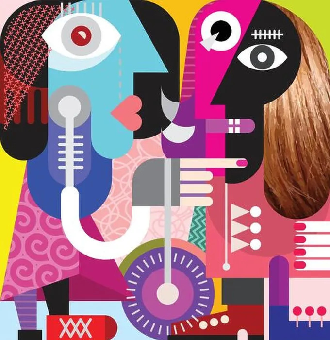Framed Print : Beautiful woman with the nice long hair - modern art vector illustration. Coupe looking at each other