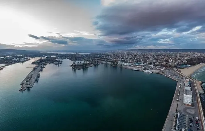 Framed Print : Beauty aerial view of the sea port and industrial zone at sunset in Varna, Bulgaria Framed Print : Beauty aerial view of the sea port and industrial zone at sunset in Varna, Bulgaria