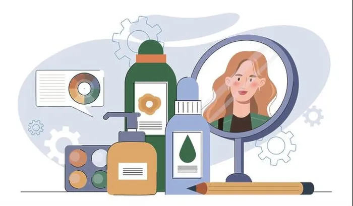 Framed Print : Beauty products with mirror reflection. Vector illustration Framed Print : Beauty products with mirror reflection. Vector illustration