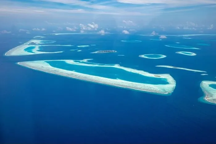 Framed Print : Beauty tropical island. Aerial view on tropical islands, drone, plane view from coral reef atoll in Maldives islands. Exotic travel nature destination