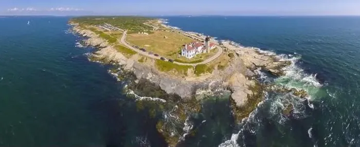 Framed Print : Beavertail Lighthouse in Beavertail State Park aerial view in summer Framed Print : Beavertail Lighthouse in Beavertail State Park aerial view in summer