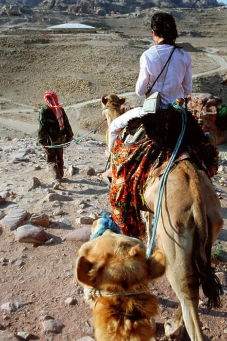 Framed Print : Bedouin guide with tourist girl in a camel ride, Petra, Jordan Framed Print : Bedouin guide with tourist girl in a camel ride, Petra, Jordan
