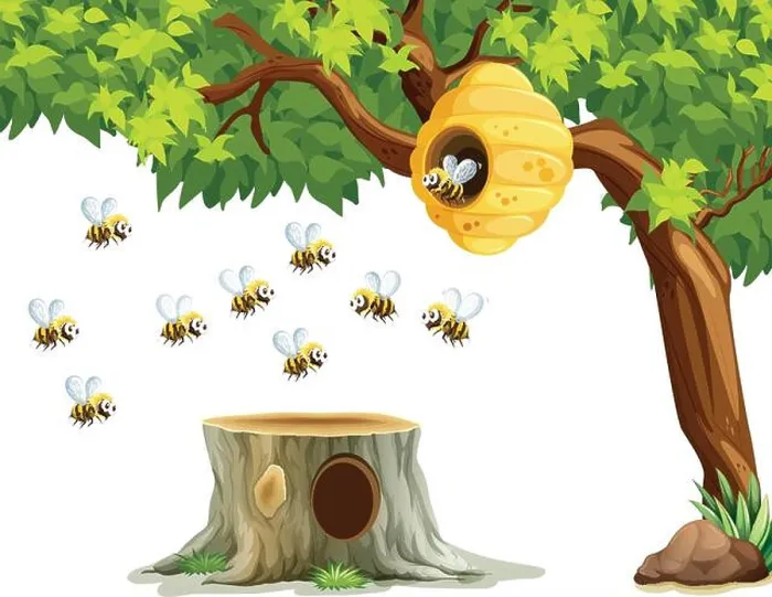 Framed Print : Bees flying around beehive on the tree illustration Framed Print : Bees flying around beehive on the tree illustration