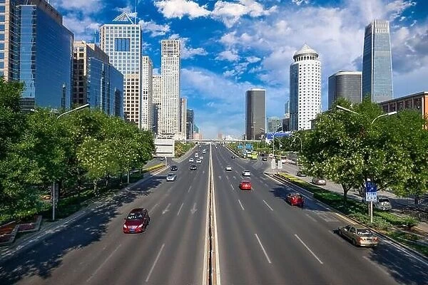 Beijing, China central business district cityscape and highway in the afternoon