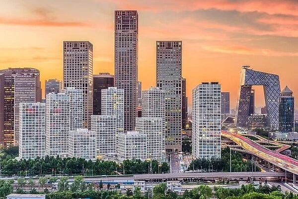 Beijing, China cityscape and financial district at dusk