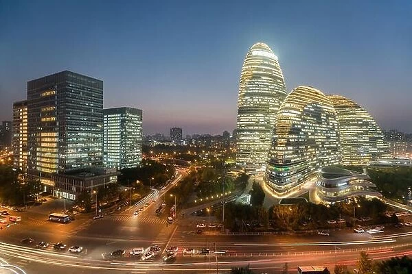 Beijing cityscape and famous landmark building in WangJing Soho at night in Beijing, China