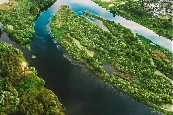Belarus. Aerial View Of Green Forest, Small Islands And River Landscape. Top View Of European Nature From High Attitude In Summer. Bird's Eye View