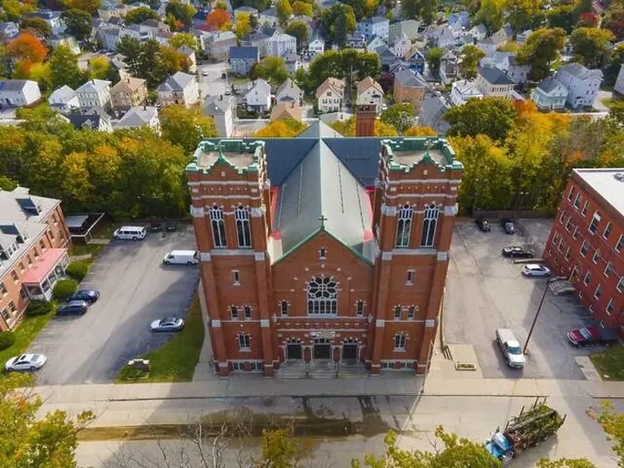 Framed Print : Belmont AME Zion Church aerial view in fall with fall foliage at 55 Illinois Street in city of Worcester Framed Print : Belmont AME Zion Church aerial view in fall with fall foliage at 55 Illinois Street in city of Worcester