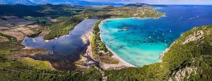 Framed Print : Best beaches of Corsica island - aerial panoramic view of beautiful Santa Giulia long beach with sault lake from one Framed Print : Best beaches of Corsica island - aerial panoramic view of beautiful Santa Giulia long beach with sault lake from one