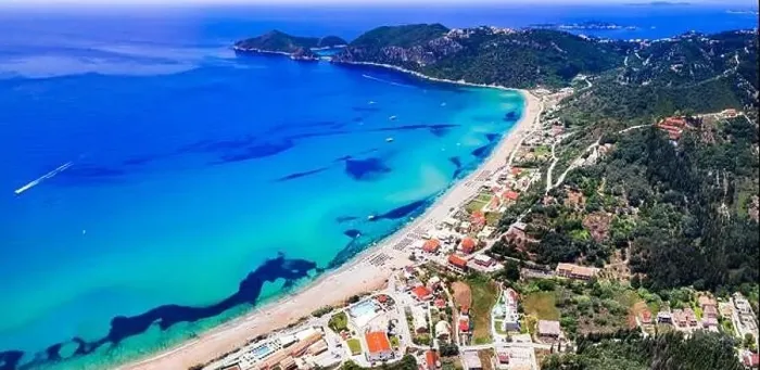Framed Print : Best scenic beaches of Corfu island - long beach Agios Georgios Pagon in northern part Framed Print : Best scenic beaches of Corfu island - long beach Agios Georgios Pagon in northern part