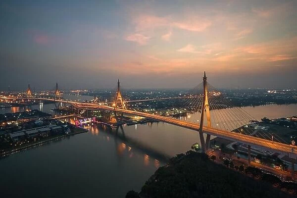 Bhumibol Bridge also known as the Industrial Ring Road Bridge is part of the Industrial Ring Road connecting southern Bangkok with Samut Prakan Provin