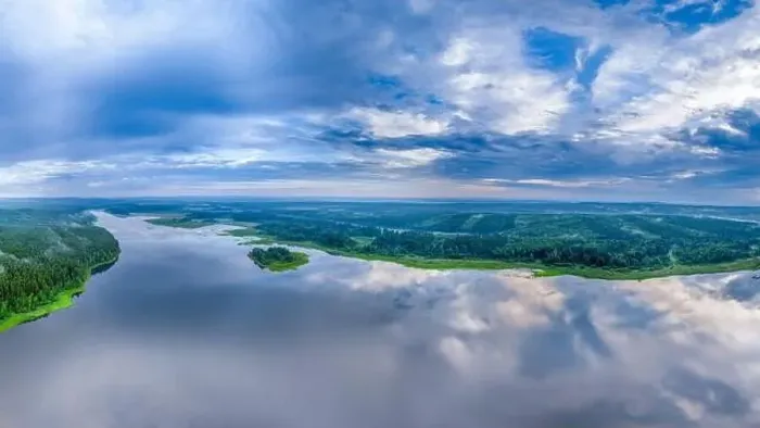 Framed Print : Big lake and island with green shores with morning fog in dawn Framed Print : Big lake and island with green shores with morning fog in dawn