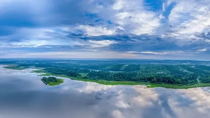 Framed Print : Big lake and island with green shores with morning fog in dawn Framed Print : Big lake and island with green shores with morning fog in dawn