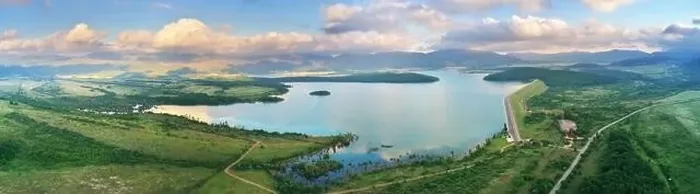 Framed Print : Big lake in mountain valley. Aerial panorama nature scene Framed Print : Big lake in mountain valley. Aerial panorama nature scene