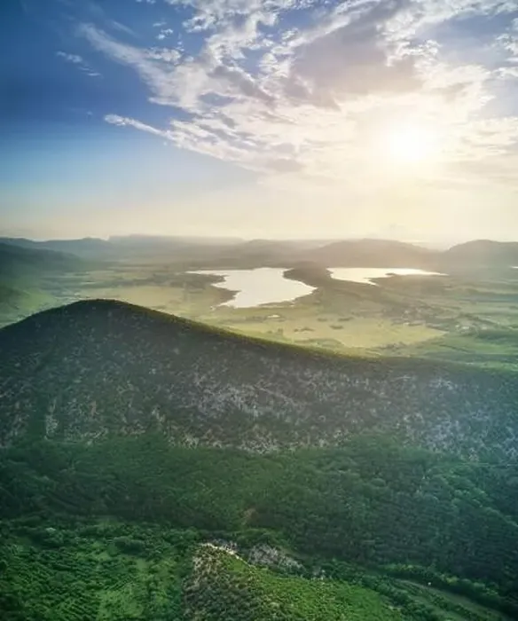 Framed Print : Big lake in mountain valley. Aerial panorama nature scene Framed Print : Big lake in mountain valley. Aerial panorama nature scene
