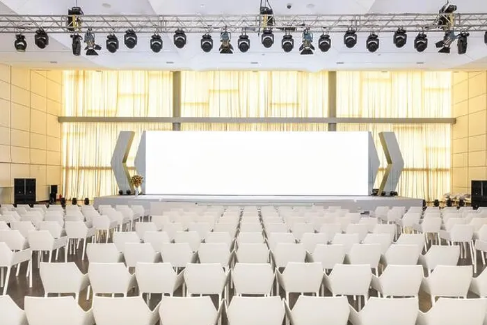 Framed Print : Big empty modern seminar, conference hall with projector screen Framed Print : Big empty modern seminar, conference hall with projector screen