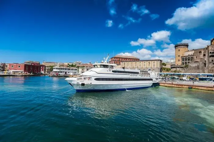 Framed Print : Big white catamaran for passenger transportation docked at the Port of Naples Framed Print : Big white catamaran for passenger transportation docked at the Port of Naples