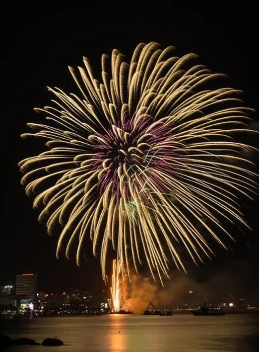 Framed Print : Big yellow firework on the sky at Pattaya coast with cityscape background, Thailand Framed Print : Big yellow firework on the sky at Pattaya coast with cityscape background, Thailand