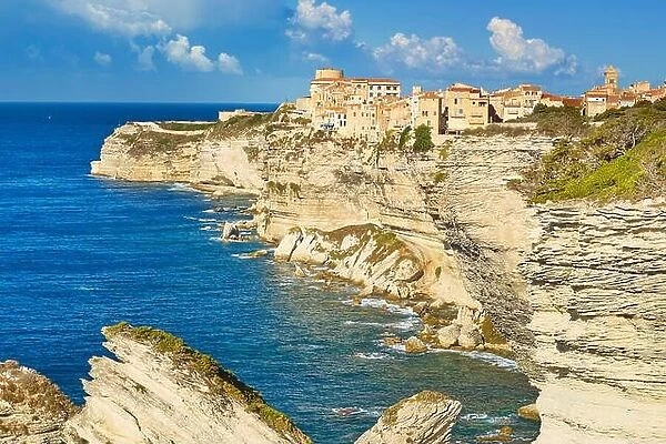 Binifacio situated on the limestone cliff, Bonifacio, South Coast of Corsica Island, France