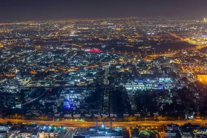 Framed Print : Bird eye Aerial View of Doha City after sunset Framed Print : Bird eye Aerial View of Doha City after sunset