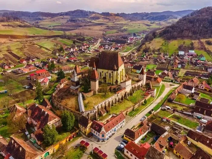 Framed Print : Birds eye view photography of a fortified church located in Romania Framed Print : Birds eye view photography of a fortified church located in Romania