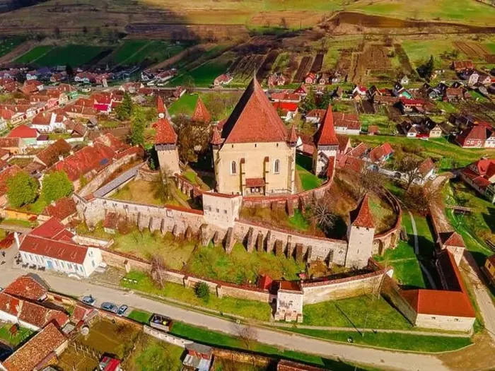 Framed Print : Birds eye view photography of a fortified church located in Romania Framed Print : Birds eye view photography of a fortified church located in Romania