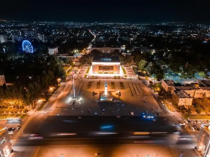 Framed Print : Bishkek, Kyrgyzstan - July 15, 2023: Aerial view of Bishkek city's Ala-Too central square at night Framed Print : Bishkek, Kyrgyzstan - July 15, 2023: Aerial view of Bishkek city's Ala-Too central square at night