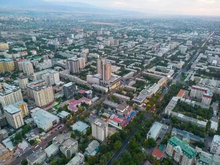 Framed Print : Bishkek, Kyrgyzstan - May 13, 2023: Aerial view of Bishkek city Kyrgyzstan