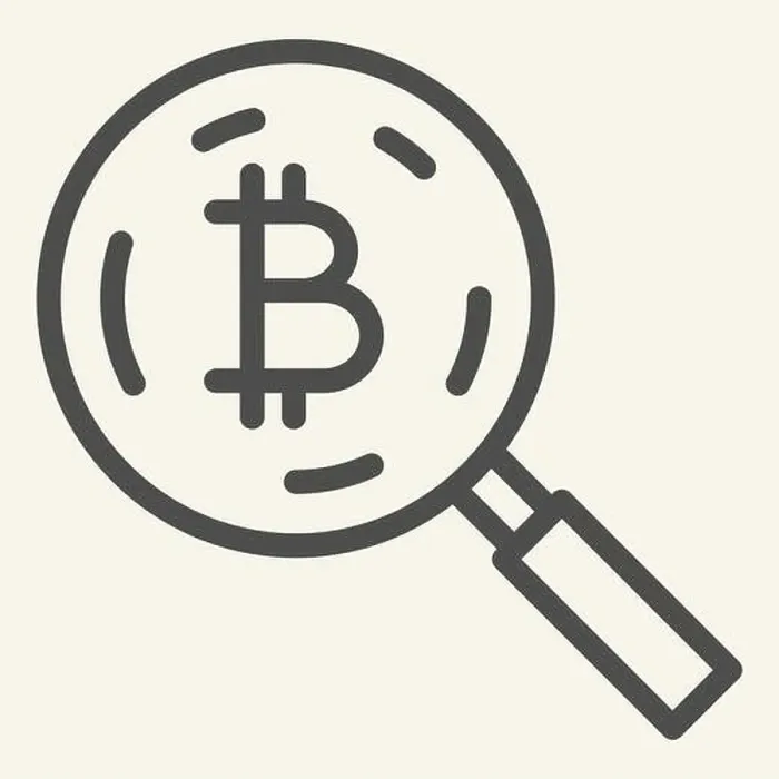 Framed Print : Bitcoin search line icon. Loupe with crypto coin vector illustration isolated on white